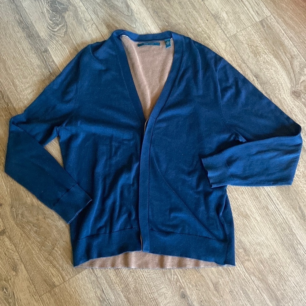 Perry Ellis Mens Cardigan Sweater Navy Blue & tan size XL. Academia preppy basic